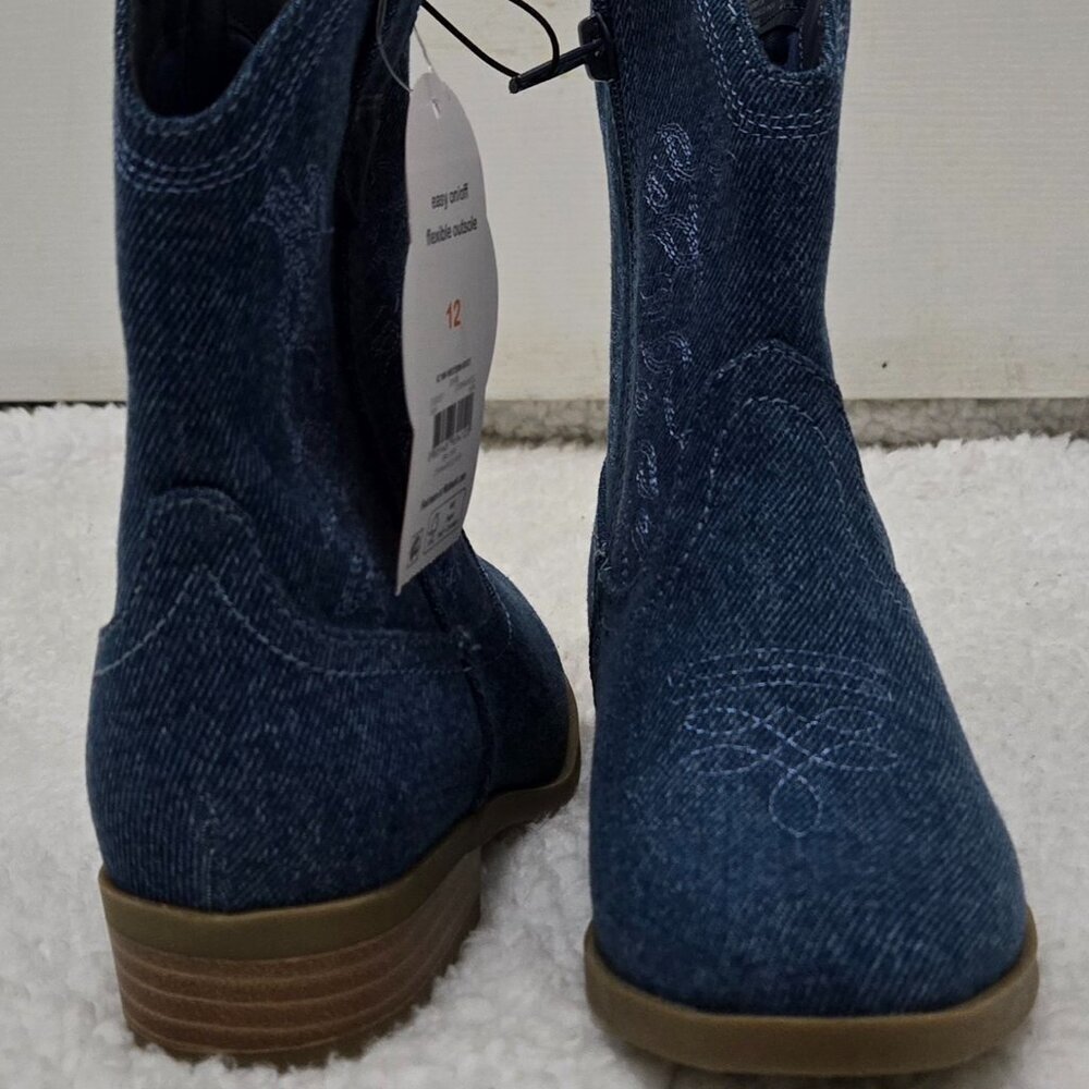 Girls New Side Zip Unlined Flexible Outsole Fabric Upper Denim Western Boots